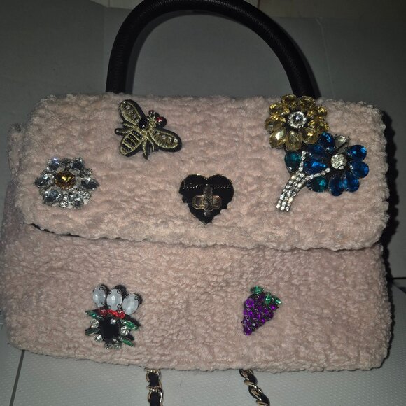 Betsey Johnson Pink Sherpa Fairycore Whimsical Romantic Jeweled Top Handle Bag - Picture 1 of 13
